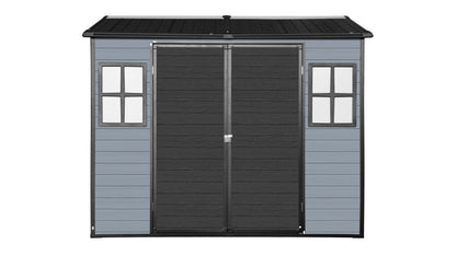 8x4ft Outdoor Resin Garden Shed with Floor and 2 Windows, Plastic Patio Outdoor Storage Shed with Lockable Door for Garden Tools, Bicycles, Trash Cans, Gray+Black image 10