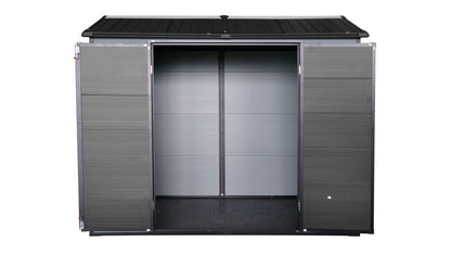 8x4ft Outdoor Resin Garden Shed with Floor and 2 Windows, Plastic Patio Outdoor Storage Shed with Lockable Door for Garden Tools, Bicycles, Trash Cans, Gray+Black image 11