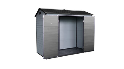 8x4ft Outdoor Resin Garden Shed with Floor and 2 Windows, Plastic Patio Outdoor Storage Shed with Lockable Door for Garden Tools, Bicycles, Trash Cans, Gray+Black image 2