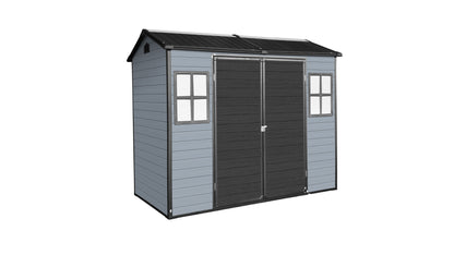 8x4ft Outdoor Resin Garden Shed with Floor and 2 Windows, Plastic Patio Outdoor Storage Shed with Lockable Door for Garden Tools, Bicycles, Trash Cans, Gray+Black image 3