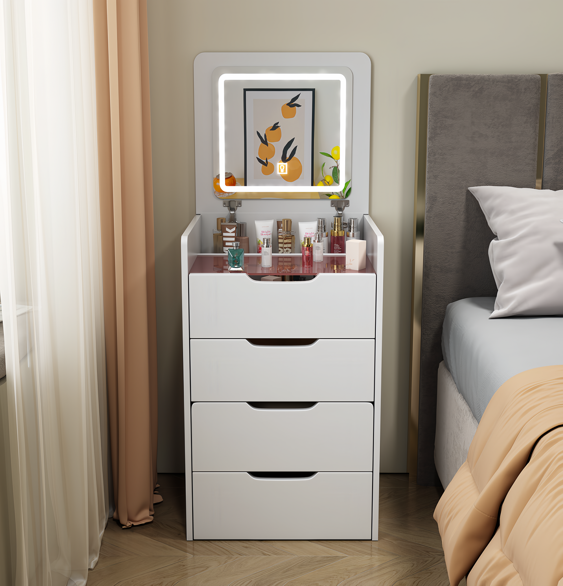 (48CM) 3 in 1 Vanity Desk with Plip Top Mirror, Small Make Up Vanity Set with Visible Glass Desktop, Compact Makeup Vanity with 3 Drawers, Dressing Table for Bedroom (WHITE COLOR) image 7