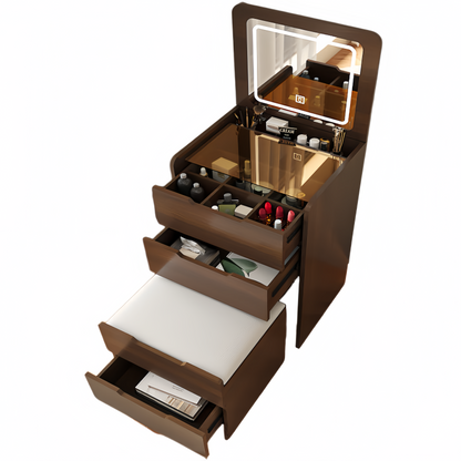 (60cm) 3 in 1 Vanity Desk with Plip Top Mirror, Small Make Up Vanity Set with Visible Glass Desktop, Compact Makeup Vanity with 3 Drawers, Dressing Table for Bedroom (Walnut Color) image 3