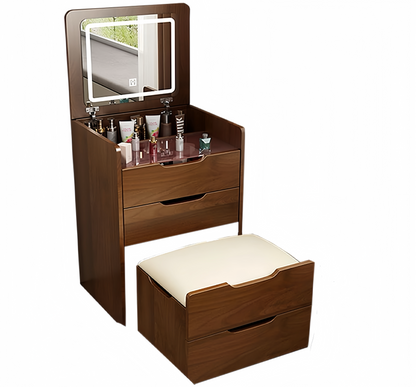 (60cm) 3 in 1 Vanity Desk with Plip Top Mirror, Small Make Up Vanity Set with Visible Glass Desktop, Compact Makeup Vanity with 3 Drawers, Dressing Table for Bedroom (Walnut Color) image 4