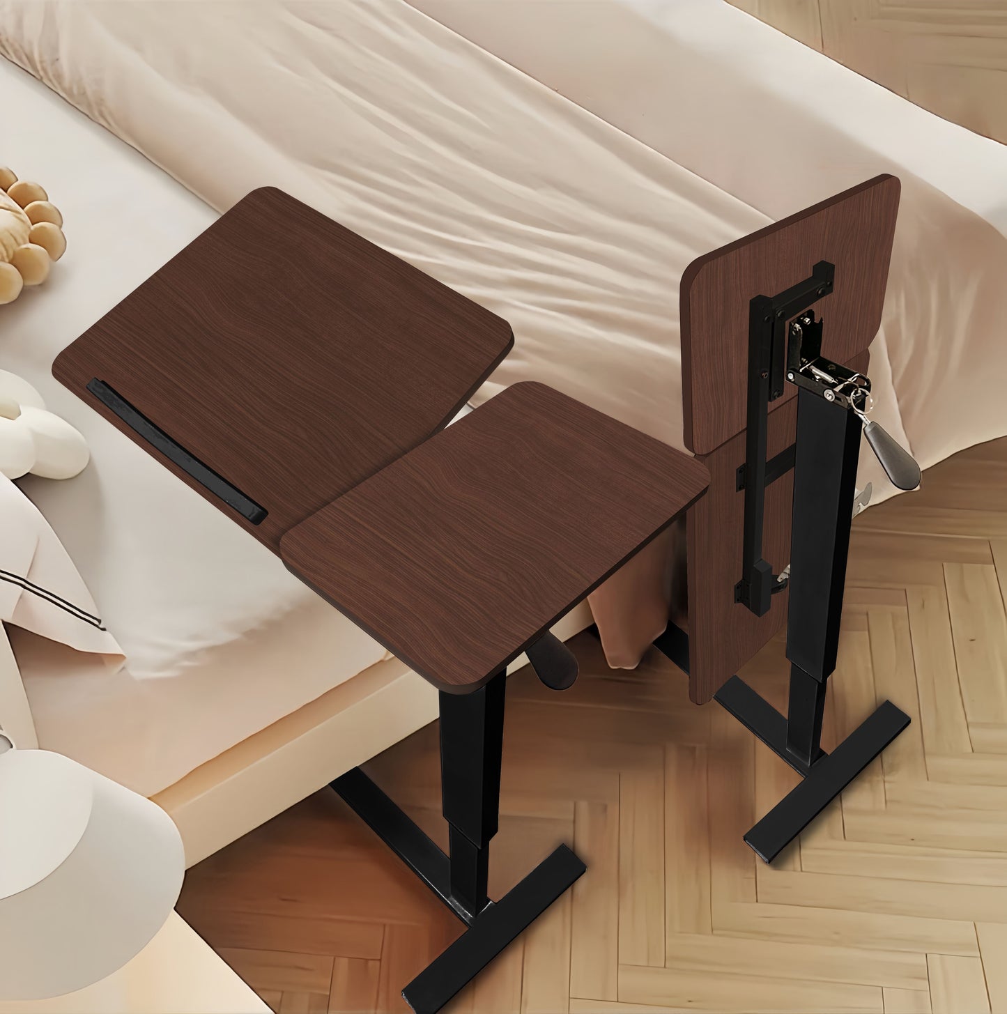 Bedside Table,Folding Overbed Bedside Desk Mobile Rolling Laptop Stand Tilting Overbed Table with Wheels Height Adjustable Tray Table for Laptop Bed Sofa Side Table (WALNUT) image 1