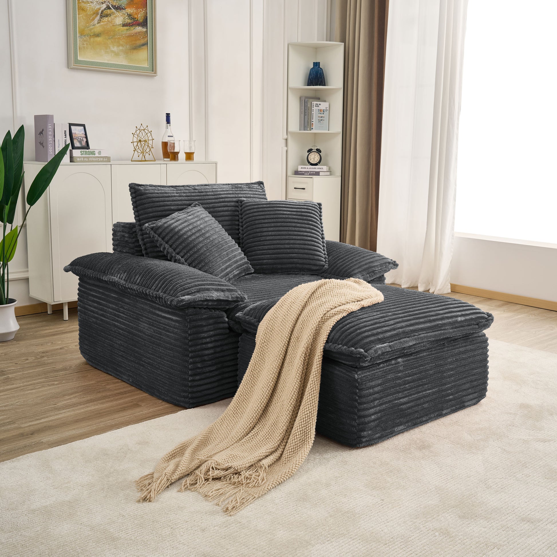 47" Oversized Sofa Chair and a Half with Deep Seat & Movable 2-Layer Ottoman Set, Cloud Sofa Bed with Chaise, 1-Seater Modular Sectional Sleeper Couch for Living Room, No Assembly Teddy-Fleece, Grey image 1