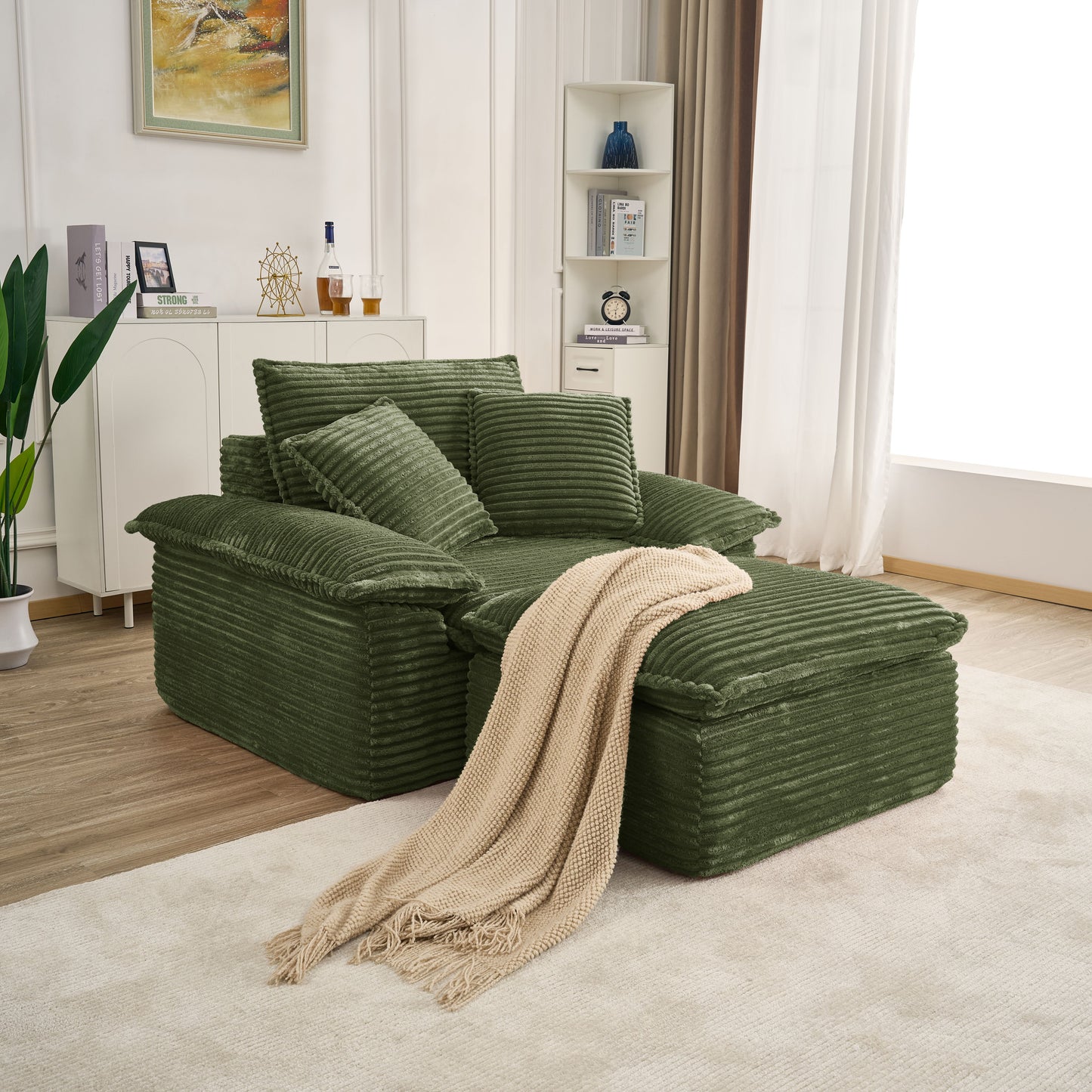 47" Oversized Sofa Chair and a Half with Deep Seat & Movable 2-Layer Ottoman Set, Cloud Sofa Bed with Chaise, 1-Seater Modular Sectional Sleeper Couch for Living Room, No Assembly Teddy-Fleece, Green image 1