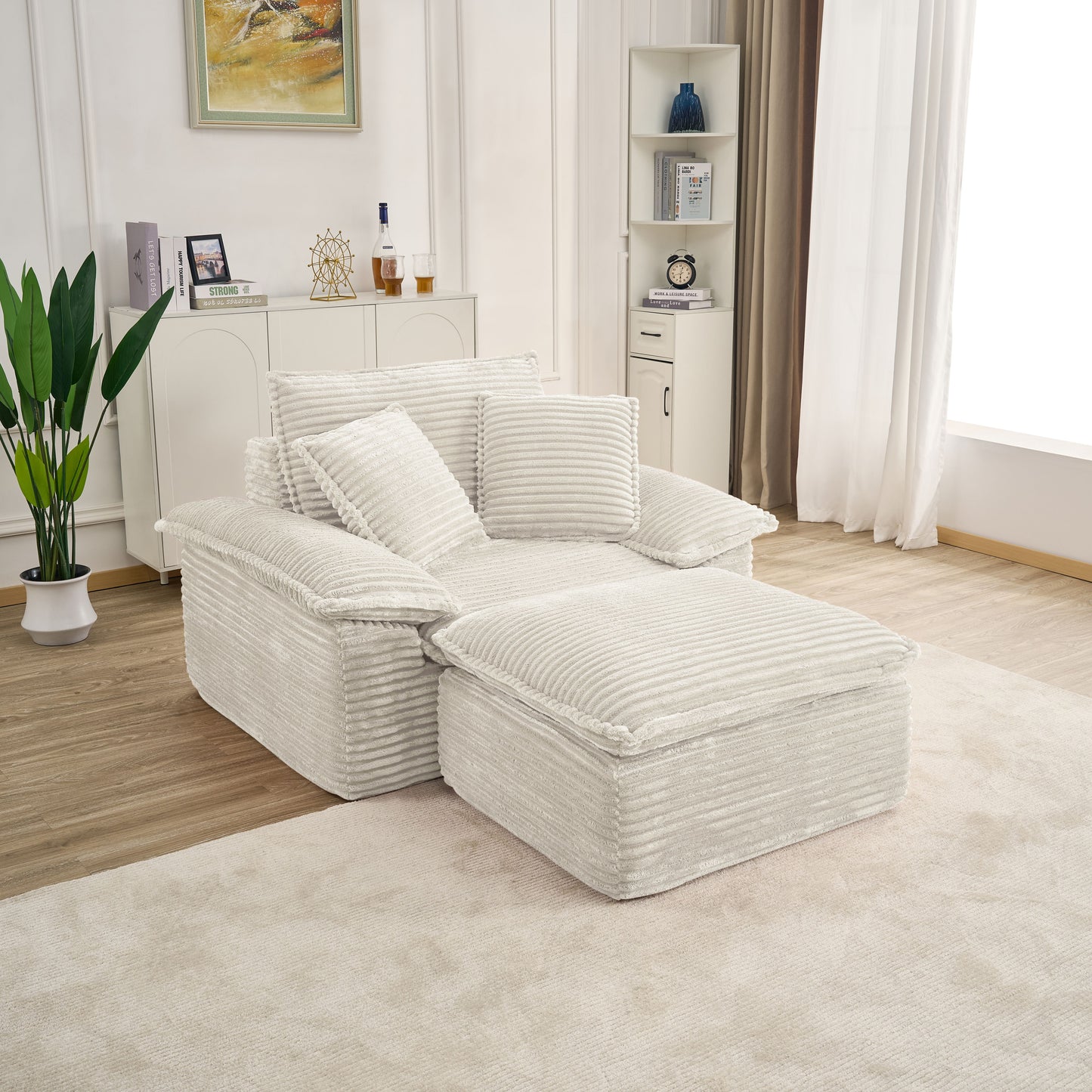47" Oversized Sofa Chair and a Half with Deep Seat & Movable 2-Layer Ottoman Set, Cloud Sofa Bed with Chaise, 1-Seater Modular Sectional Sleeper Couch for Living Room, No Assembly Teddy-Fleece, Beige image 1