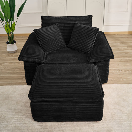 47" Oversized Sofa Chair and a Half with Deep Seat & Movable 2-Layer Ottoman Set, Cloud Sofa Bed with Chaise, 1-Seater Modular Sectional Sleeper Couch for Living Room, No Assembly Teddy-Fleece, Black image 1