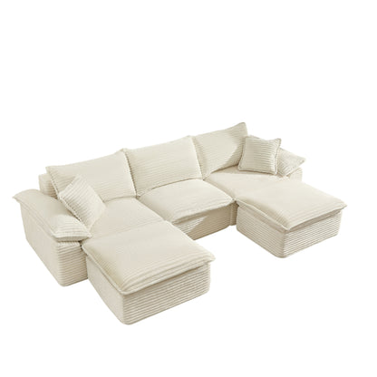 113" Sectional Sofa - U-Shape Sofa-Oversized Corduroy Cloud Couch with Movable Ottoman Soft Modern Comfy and No Assembly Sofa Set for Living Room Apartment Office, Beige image 6