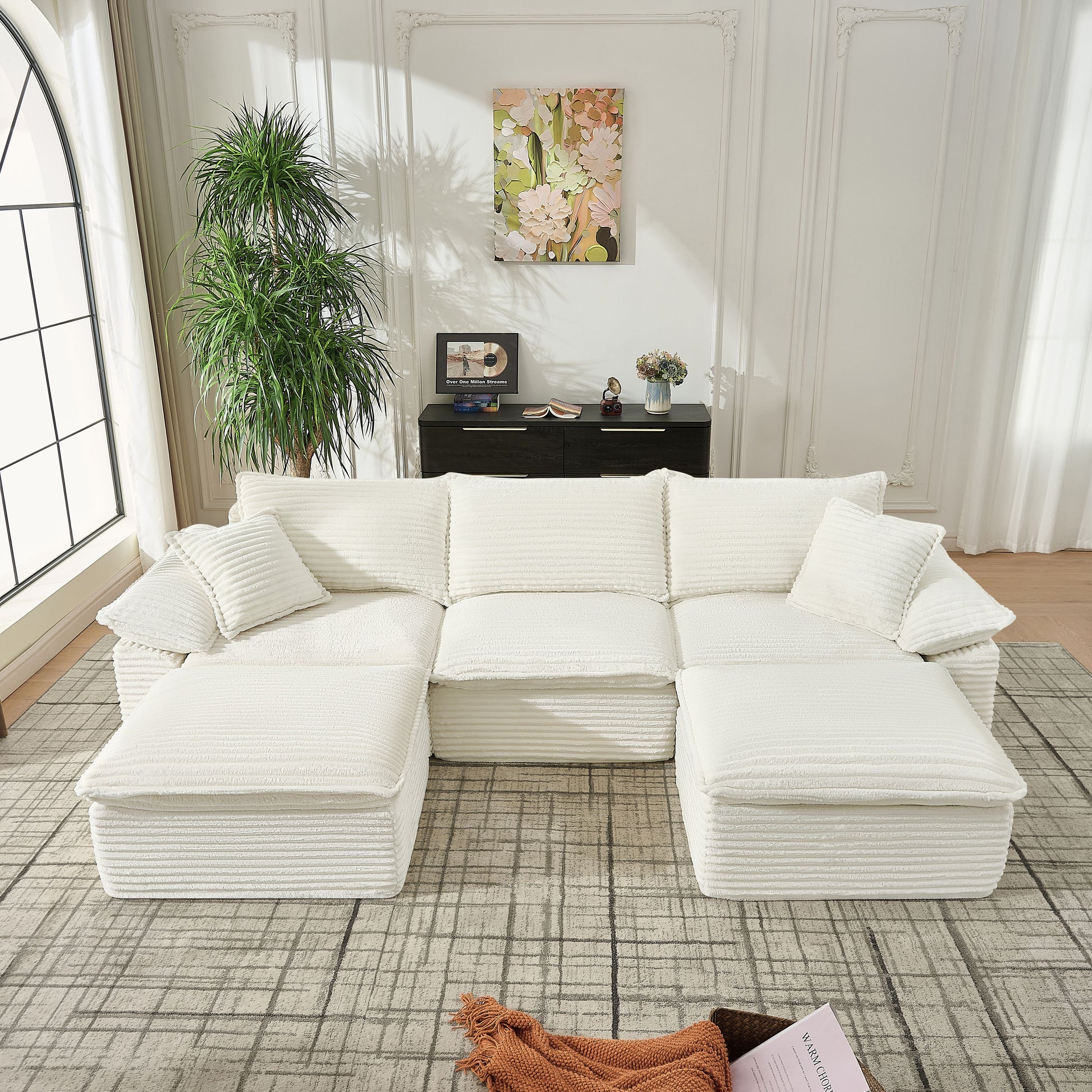 113" Sectional Sofa - U-Shape Sofa-Oversized Corduroy Cloud Couch with Movable Ottoman Soft Modern Comfy and No Assembly Sofa Set for Living Room Apartment Office, Beige image 7