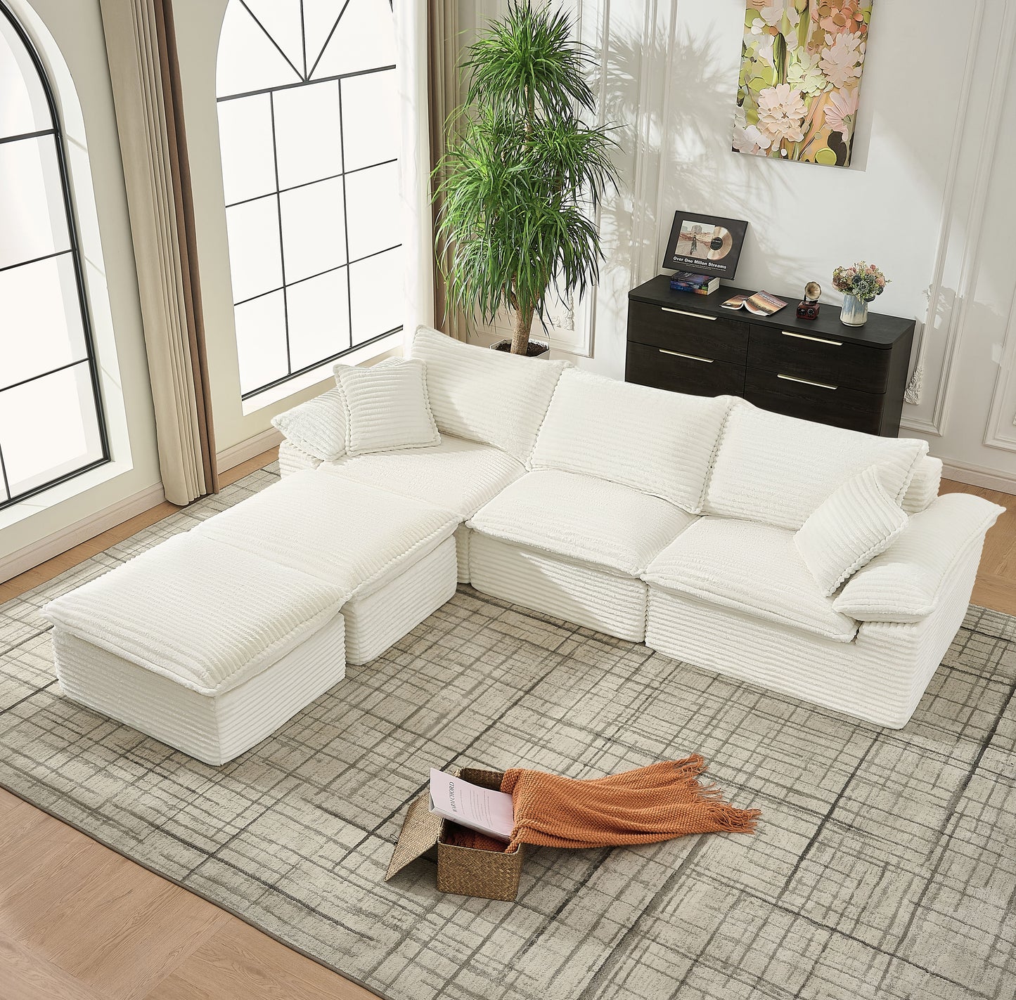 113" Sectional Sofa - U-Shape Sofa-Oversized Corduroy Cloud Couch with Movable Ottoman Soft Modern Comfy and No Assembly Sofa Set for Living Room Apartment Office, Beige image 8