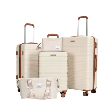 5-Piece Set (20"24"28 +a travel bag and a toiletry bag),Hard Case Spinner Wheels ABS Luggage Sets with TSA Lock Carry On Suitcase Luggage Durable Suitcase Color Matching CREAM WHITE image 1