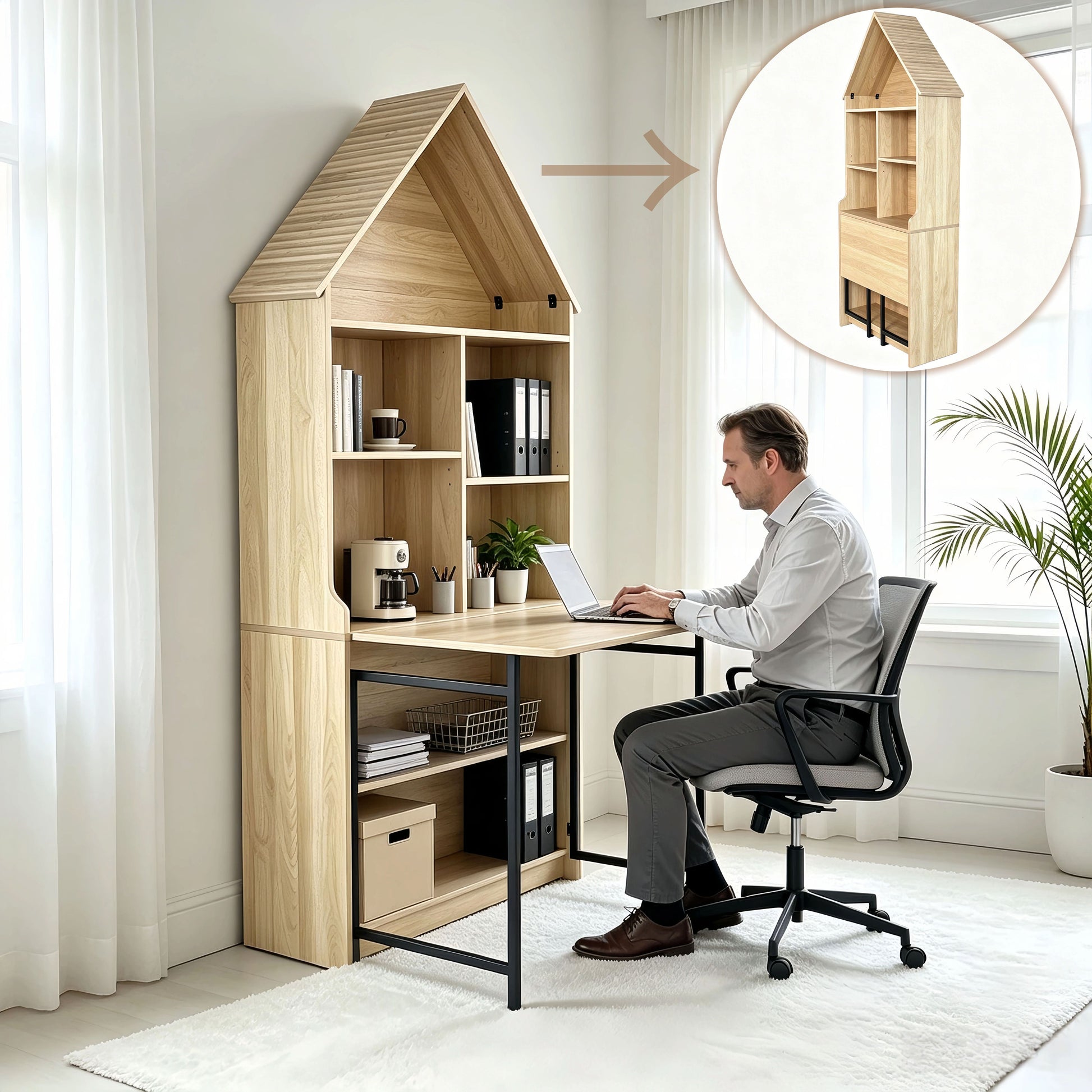 Folding Craft Desk with Storage Shelves, Convertible Hideaway Desk to Bookshelf, Foldable Desk with Storage, Disappearing Desk for Small Spaces, Multifunctional Converted Craft Table, Vanity Desk image 1
