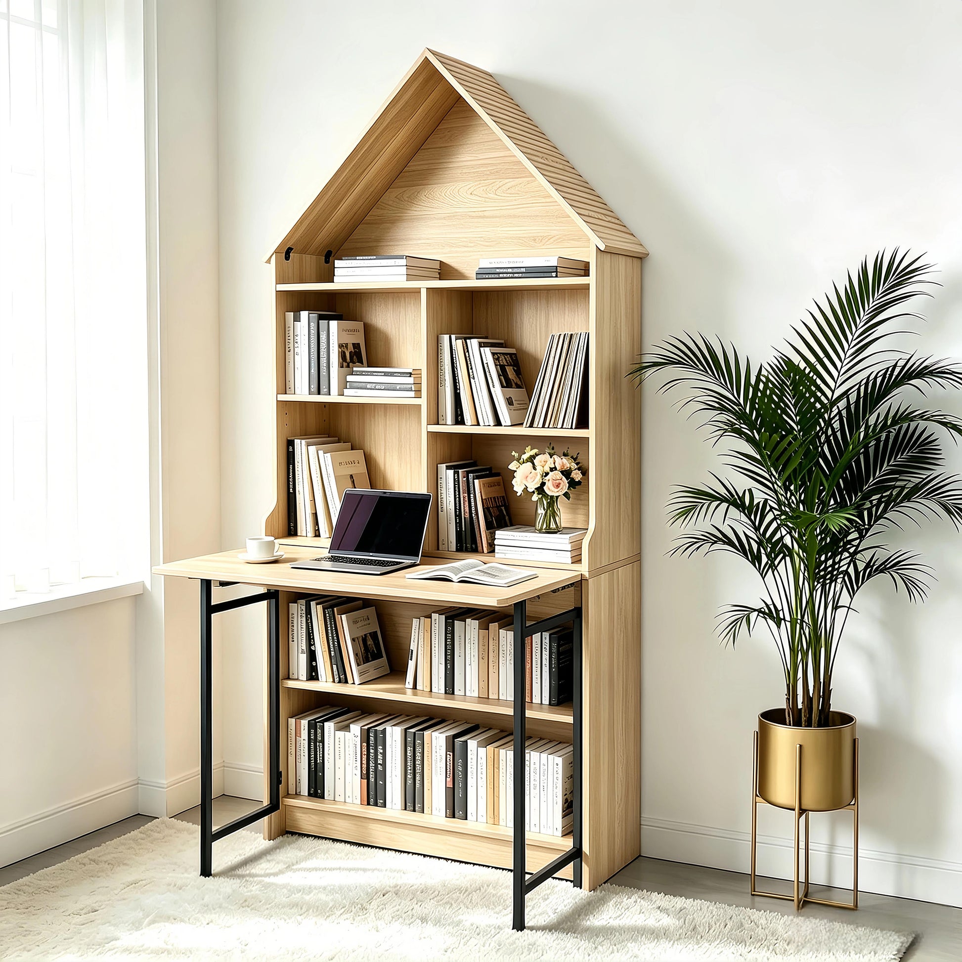Folding Craft Desk with Storage Shelves, Convertible Hideaway Desk to Bookshelf, Foldable Desk with Storage, Disappearing Desk for Small Spaces, Multifunctional Converted Craft Table, Vanity Desk image 2
