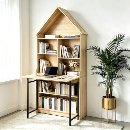 Folding Craft Desk with Storage Shelves, Convertible Hideaway Desk to Bookshelf, Foldable Desk with Storage, Disappearing Desk for Small Spaces, Multifunctional Converted Craft Table, Vanity Desk image 2