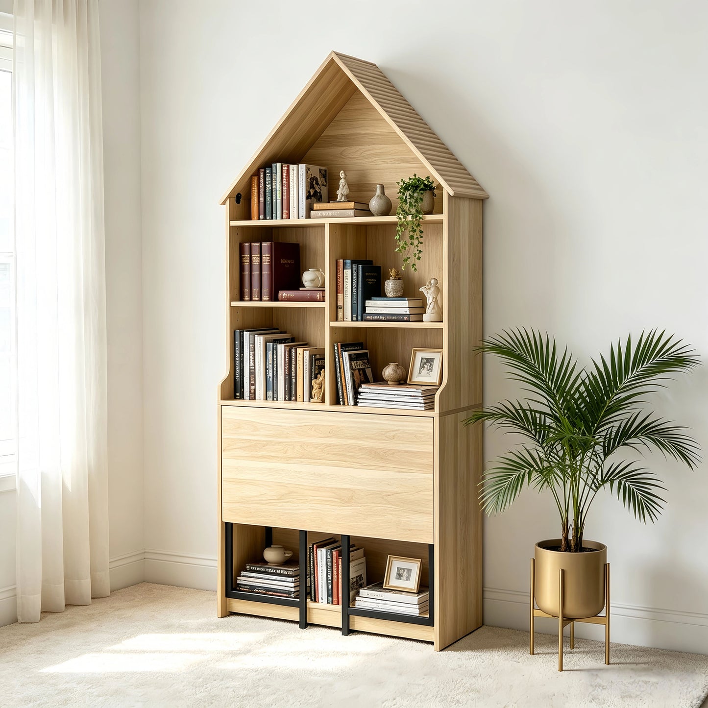 Folding Craft Desk with Storage Shelves, Convertible Hideaway Desk to Bookshelf, Foldable Desk with Storage, Disappearing Desk for Small Spaces, Multifunctional Converted Craft Table, Vanity Desk image 3
