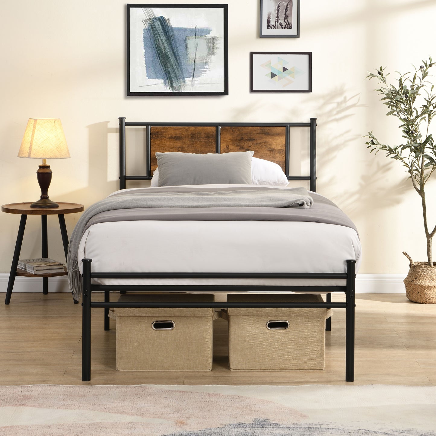 Twin Size metal bedframe,Headboard with wood panel decoration,black image 2
