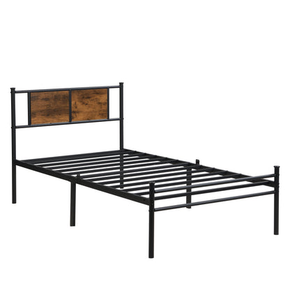 Twin Size metal bedframe,Headboard with wood panel decoration,black image 4