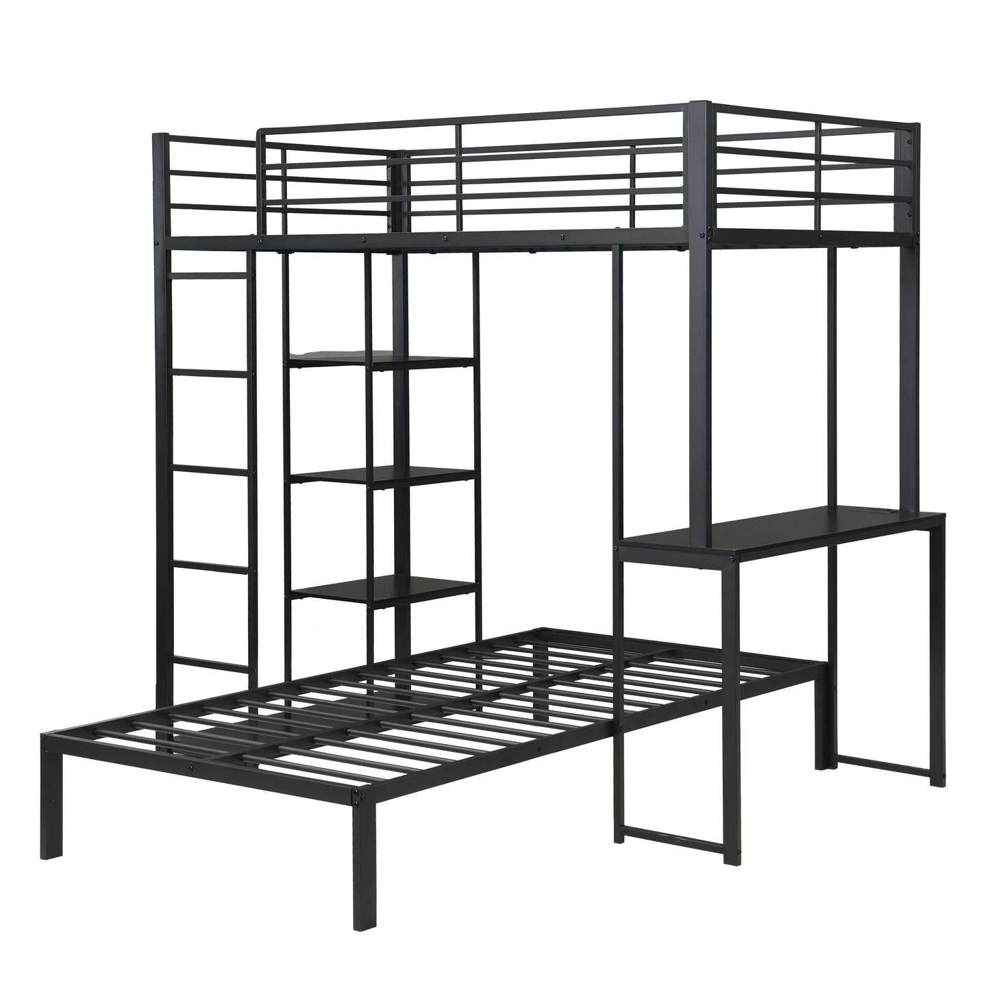 Metal Loft Bed Frame with LED Light Strip, Side Storage Shelves & Built-in Desk, TWIN/TWIN Size Metal Bunk Bed, Dorm, Apartment, Guest Room image 11