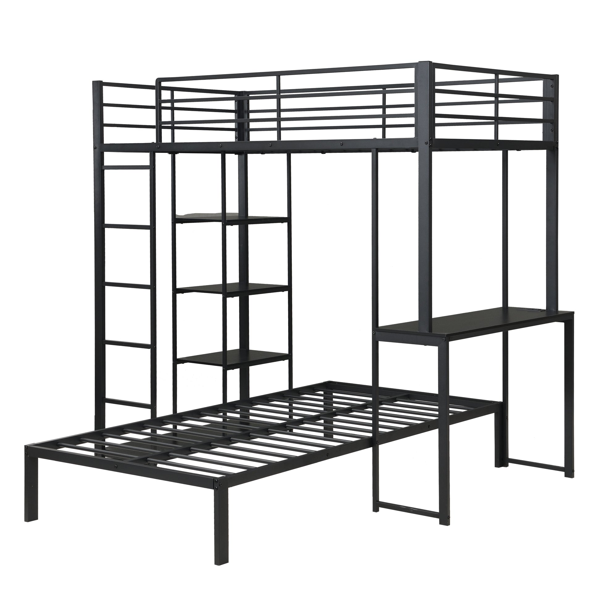 Metal Loft Bed Frame with LED Light Strip, Side Storage Shelves & Built-in Desk, TWIN/TWIN Size Metal Bunk Bed, Dorm, Apartment, Guest Room image 11