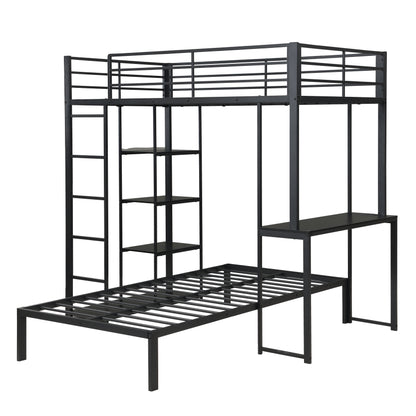 Metal Loft Bed Frame with LED Light Strip, Side Storage Shelves & Built-in Desk, TWIN/TWIN Size Metal Bunk Bed, Dorm, Apartment, Guest Room image 11