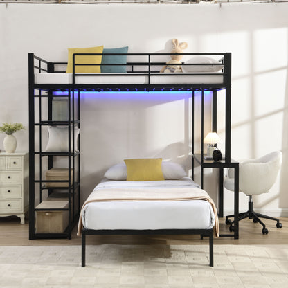 Metal Loft Bed Frame with LED Light Strip, Side Storage Shelves & Built-in Desk, TWIN/TWIN Size Metal Bunk Bed, Dorm, Apartment, Guest Room image 3