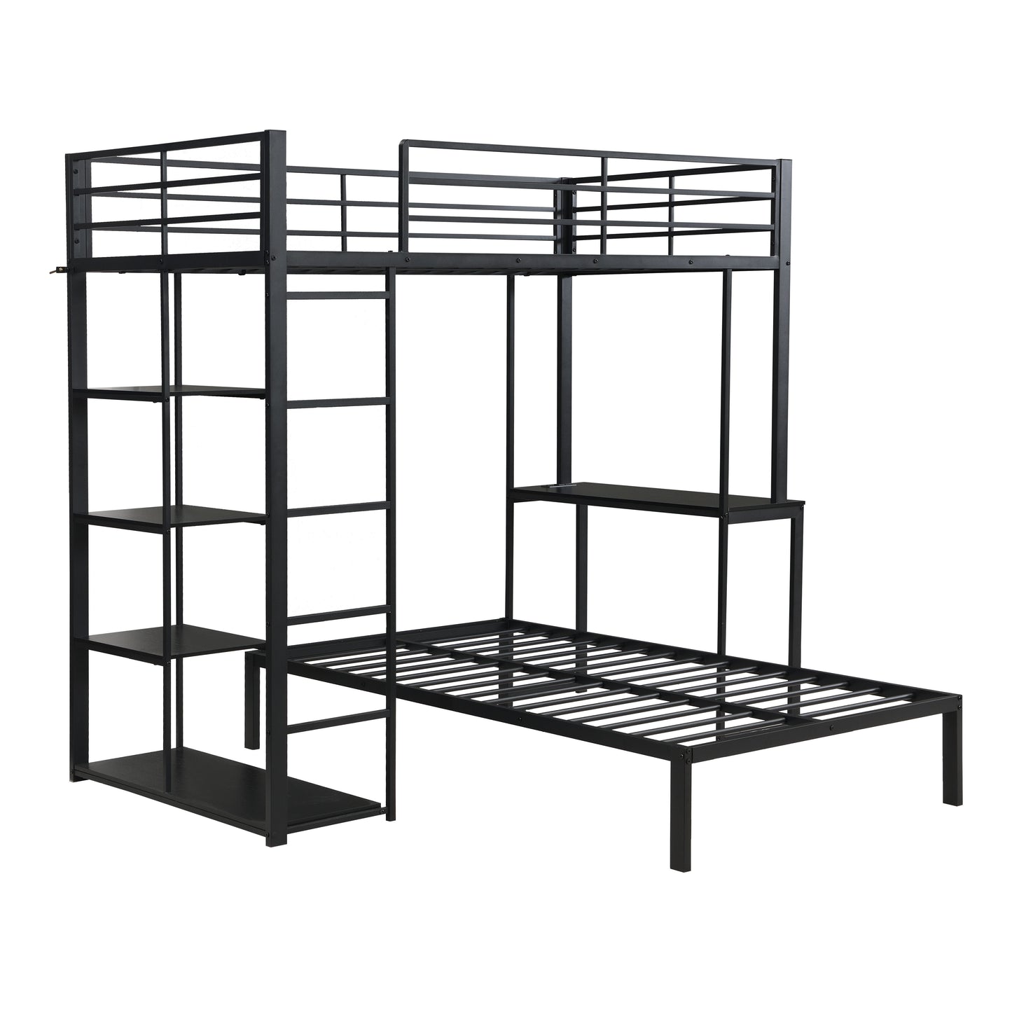 Metal Loft Bed Frame with LED Light Strip, Side Storage Shelves & Built-in Desk, TWIN/TWIN Size Metal Bunk Bed, Dorm, Apartment, Guest Room image 6