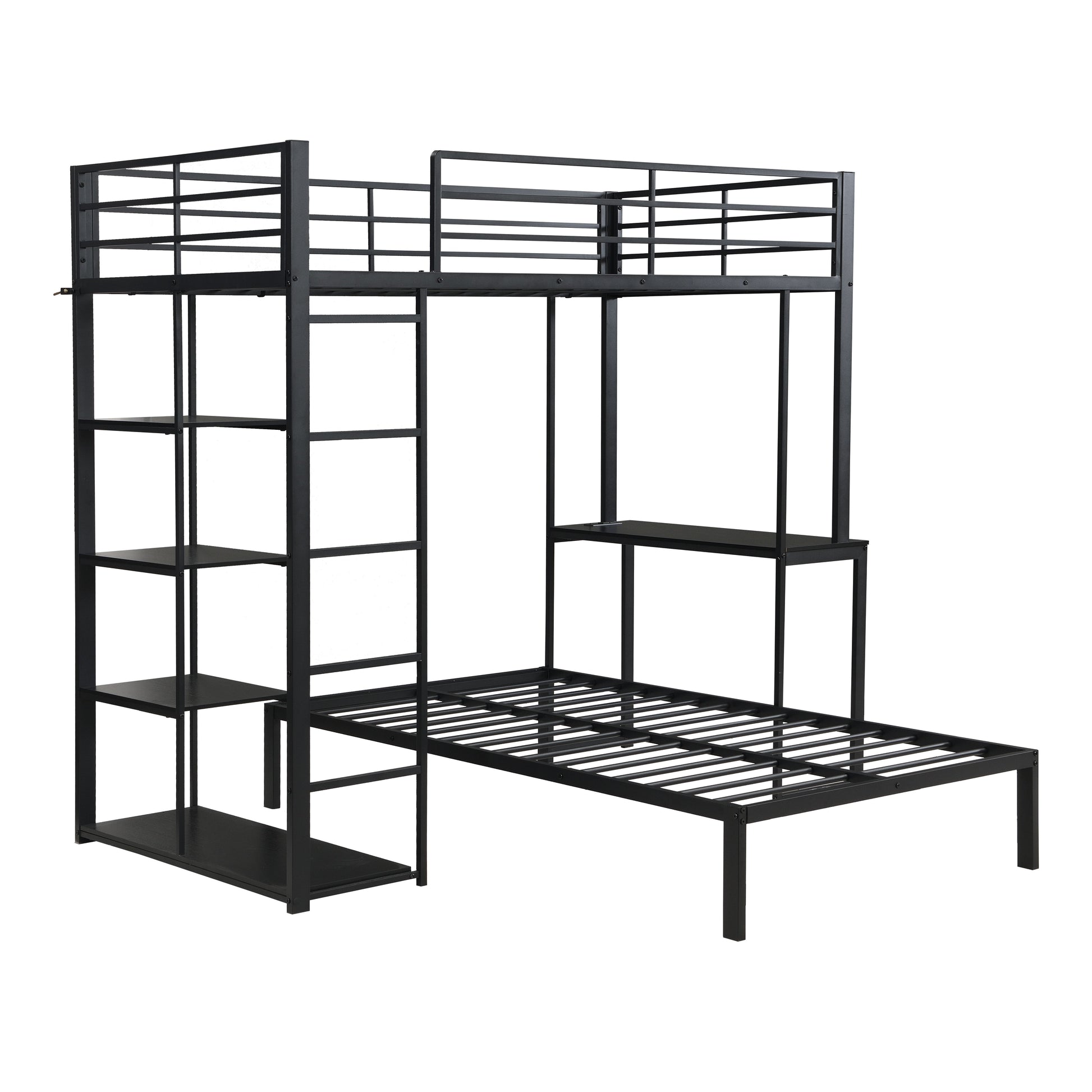 Metal Loft Bed Frame with LED Light Strip, Side Storage Shelves & Built-in Desk, TWIN/TWIN Size Metal Bunk Bed, Dorm, Apartment, Guest Room image 6