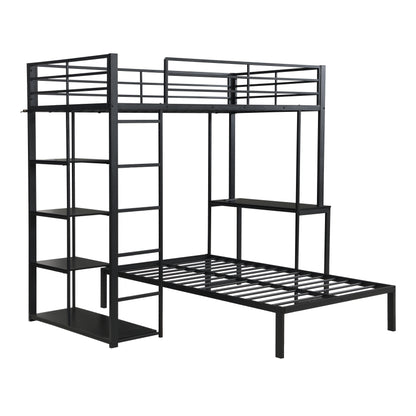 Metal Loft Bed Frame with LED Light Strip, Side Storage Shelves & Built-in Desk, TWIN/TWIN Size Metal Bunk Bed, Dorm, Apartment, Guest Room image 6