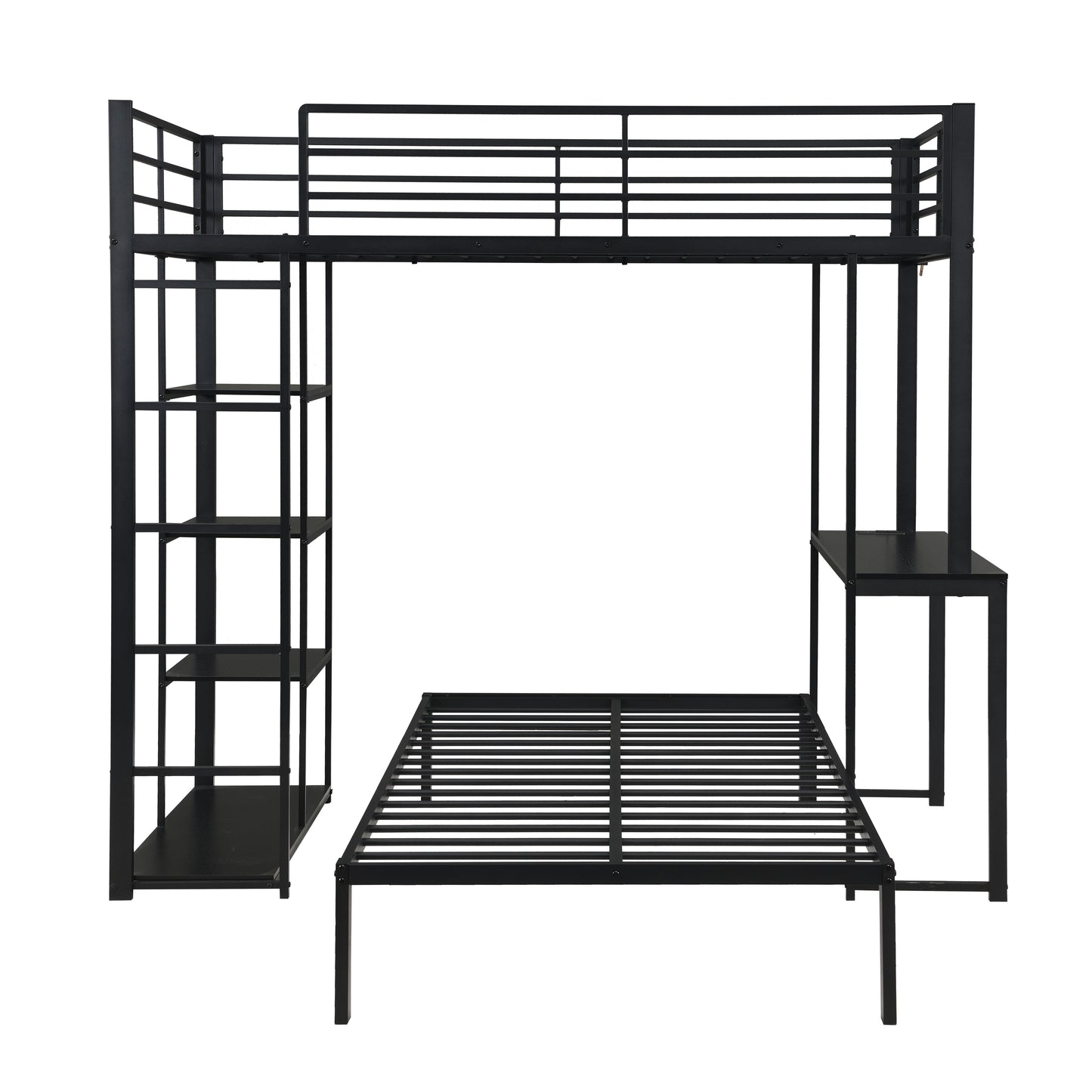 Metal Loft Bed Frame with LED Light Strip, Side Storage Shelves & Built-in Desk, TWIN/TWIN Size Metal Bunk Bed, Dorm, Apartment, Guest Room image 7