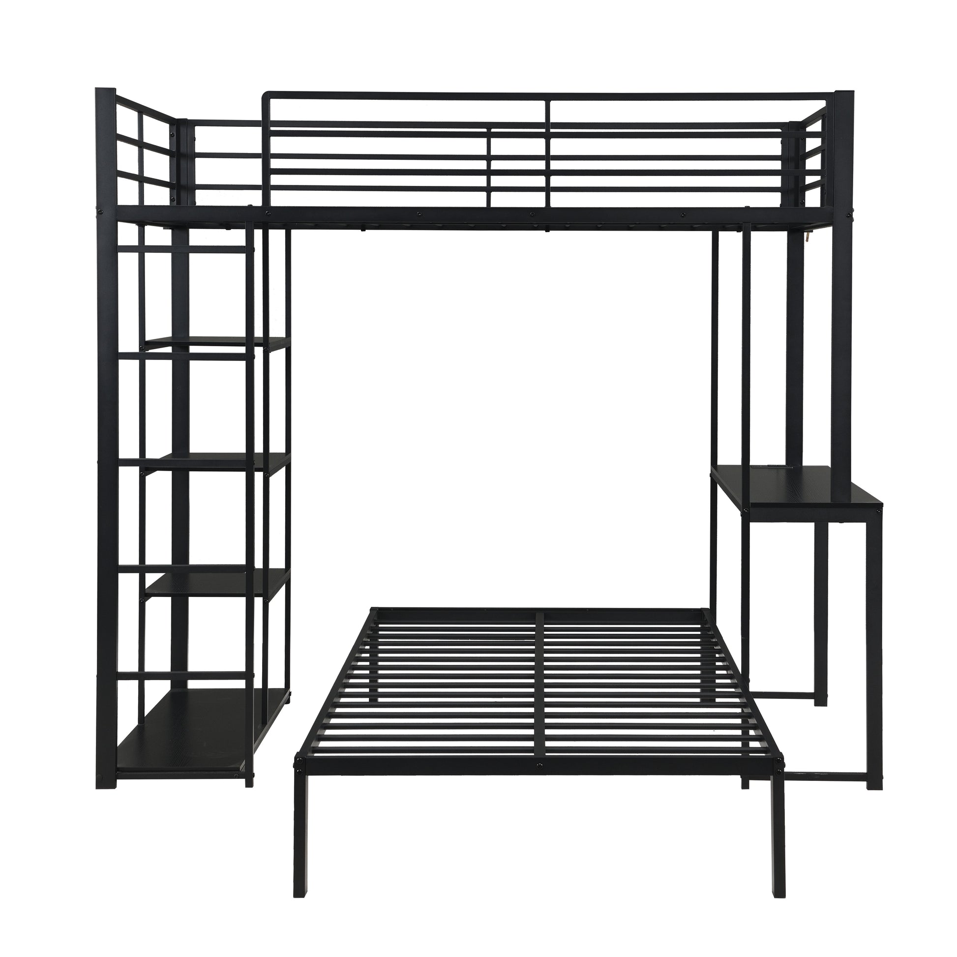 Metal Loft Bed Frame with LED Light Strip, Side Storage Shelves & Built-in Desk, TWIN/TWIN Size Metal Bunk Bed, Dorm, Apartment, Guest Room image 7