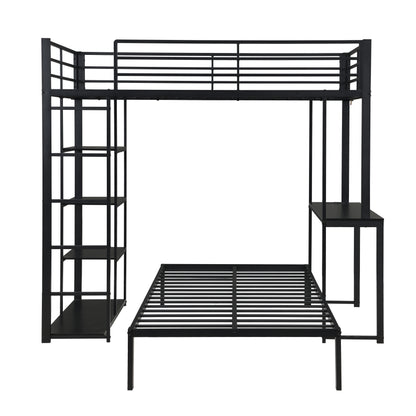 Metal Loft Bed Frame with LED Light Strip, Side Storage Shelves & Built-in Desk, TWIN/TWIN Size Metal Bunk Bed, Dorm, Apartment, Guest Room image 7