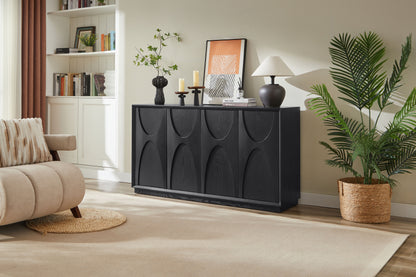4 Door Accent Cabinet with Solid Wood Carved Doors, Adjustable Shelves, Push to Open Storage Cabinet with Cable Management, Ash Veneer Sideboard for Living Room, image 2