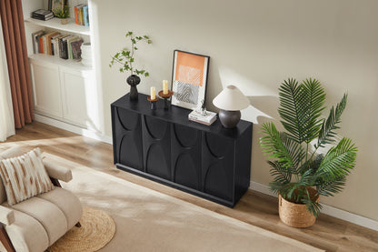 4 Door Accent Cabinet with Solid Wood Carved Doors, Adjustable Shelves, Push to Open Storage Cabinet with Cable Management, Ash Veneer Sideboard for Living Room, image 3