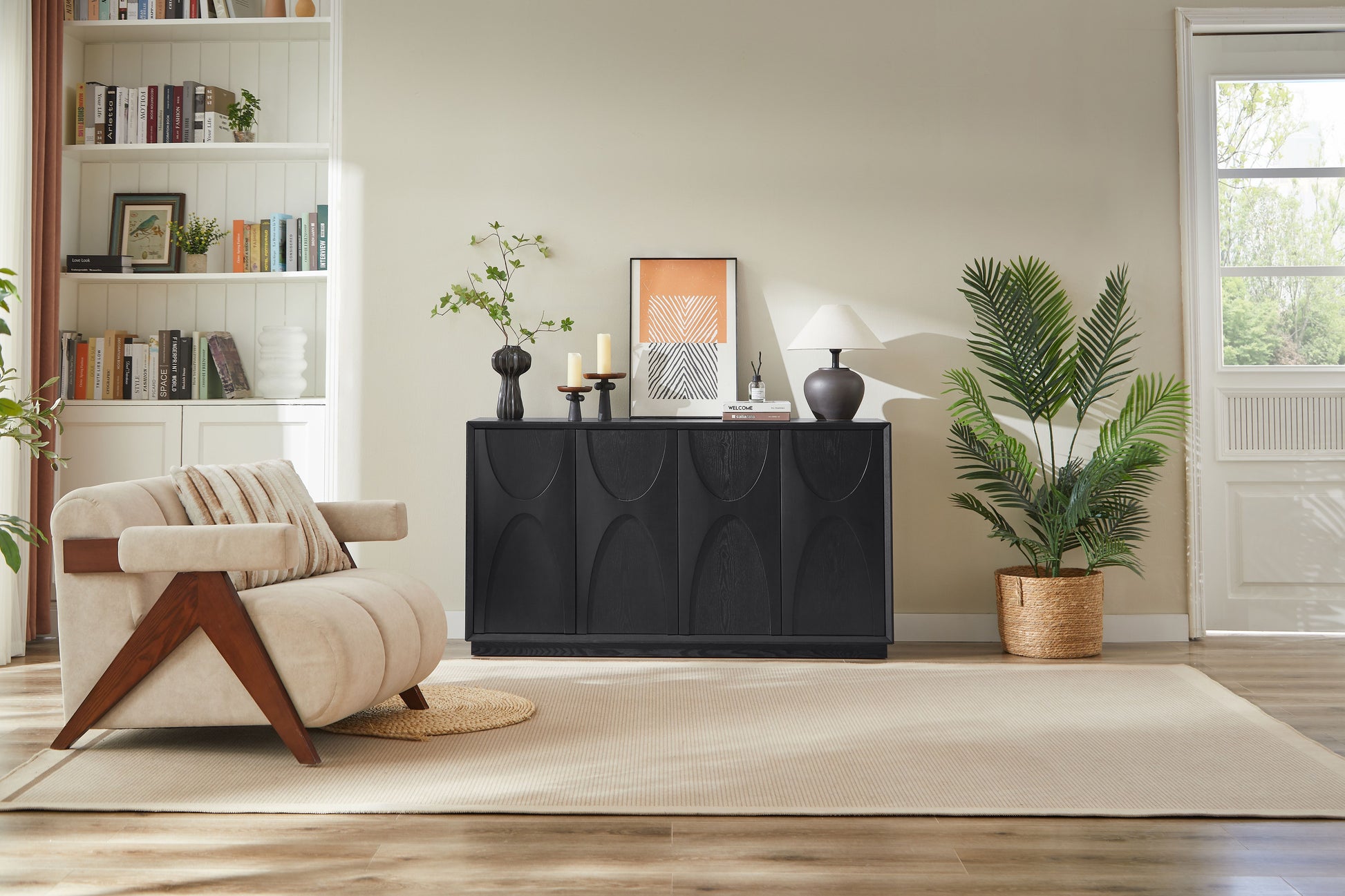 4 Door Accent Cabinet with Solid Wood Carved Doors, Adjustable Shelves, Push to Open Storage Cabinet with Cable Management, Ash Veneer Sideboard for Living Room, image 4