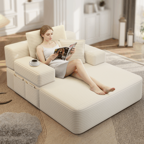 Luxurious Plush Corduroy Chaise Lounge with 3 Pillows, Convertible Sofa Bed with Storage Pocket, Frameless Design & Compression Foam for Small Spaces, Living Room, Apartment,Beige&White image 3