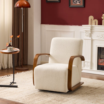 Cream Upholstered 360° Swivel Accent Chair – Solid Wood Curved Arms, Mid-Century Modern Design, Ergonomic Comfort for Living Room, Bedroom Reading Nook Small Single Sofa for Bedroom, Office, Apartment image 1