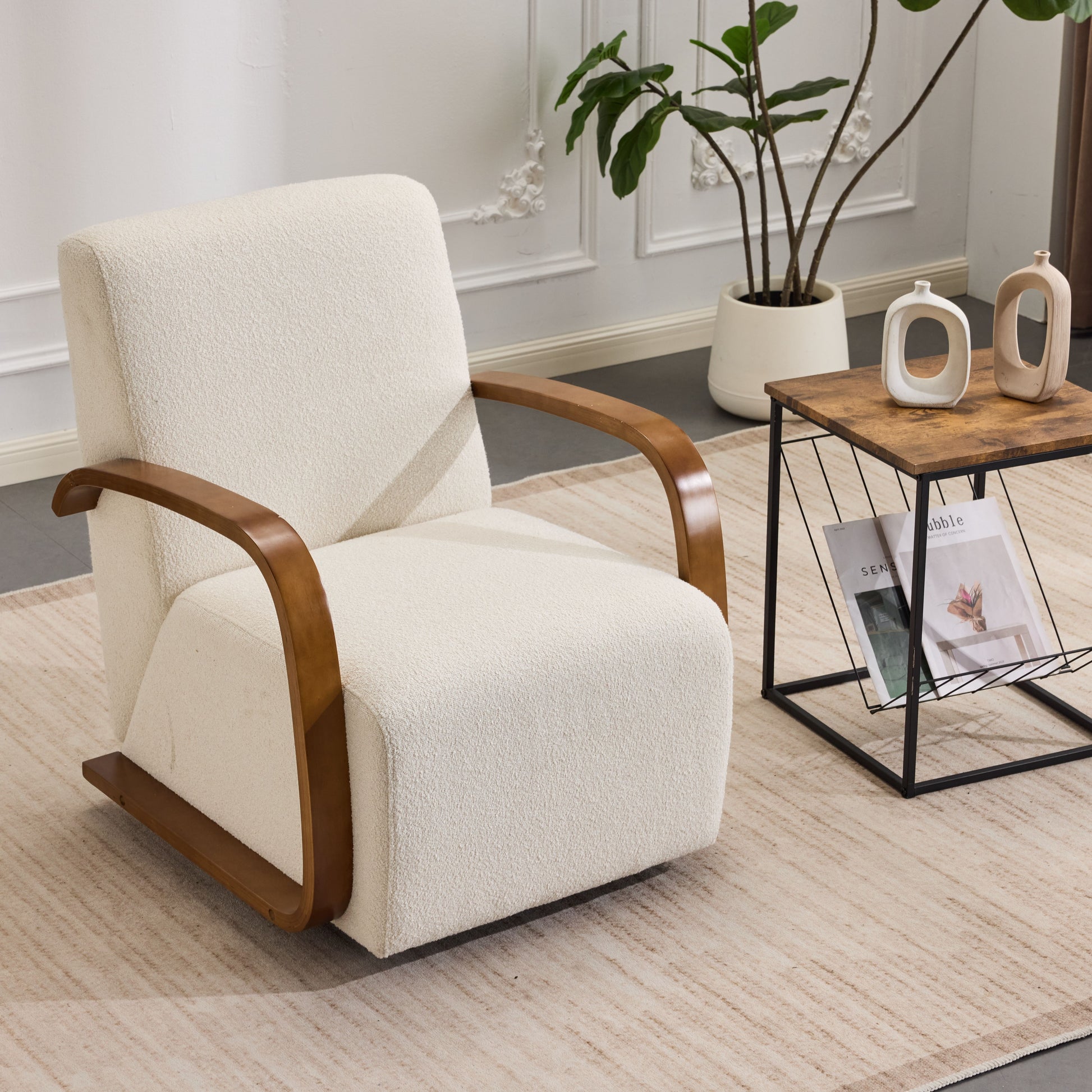 Cream Upholstered 360° Swivel Accent Chair – Solid Wood Curved Arms, Mid-Century Modern Design, Ergonomic Comfort for Living Room, Bedroom Reading Nook Small Single Sofa for Bedroom, Office, Apartment image 10