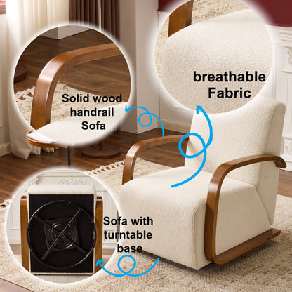 Cream Upholstered 360° Swivel Accent Chair – Solid Wood Curved Arms, Mid-Century Modern Design, Ergonomic Comfort for Living Room, Bedroom Reading Nook Small Single Sofa for Bedroom, Office, Apartment image 2