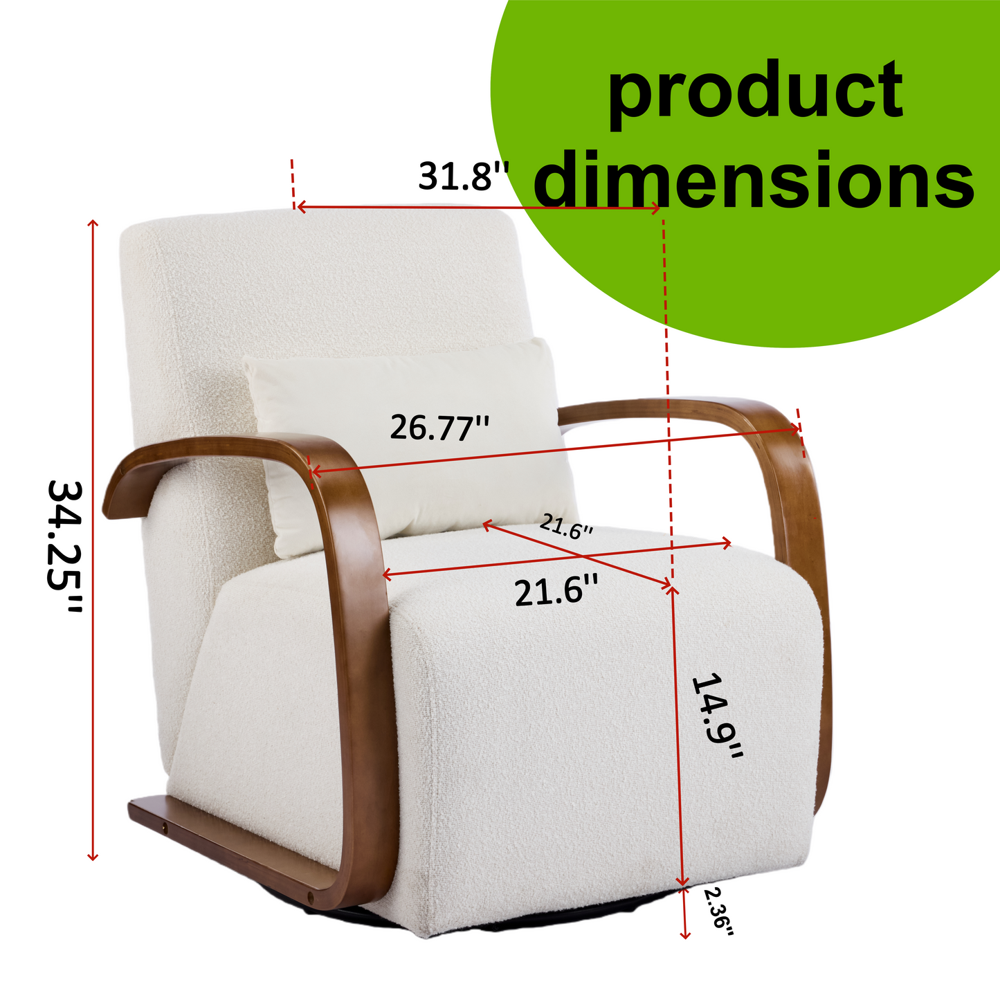 Cream Upholstered 360° Swivel Accent Chair – Solid Wood Curved Arms, Mid-Century Modern Design, Ergonomic Comfort for Living Room, Bedroom Reading Nook Small Single Sofa for Bedroom, Office, Apartment image 3