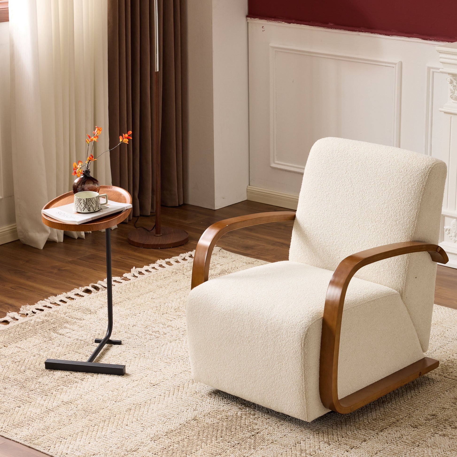 Cream Upholstered 360° Swivel Accent Chair – Solid Wood Curved Arms, Mid-Century Modern Design, Ergonomic Comfort for Living Room, Bedroom Reading Nook Small Single Sofa for Bedroom, Office, Apartment image 4