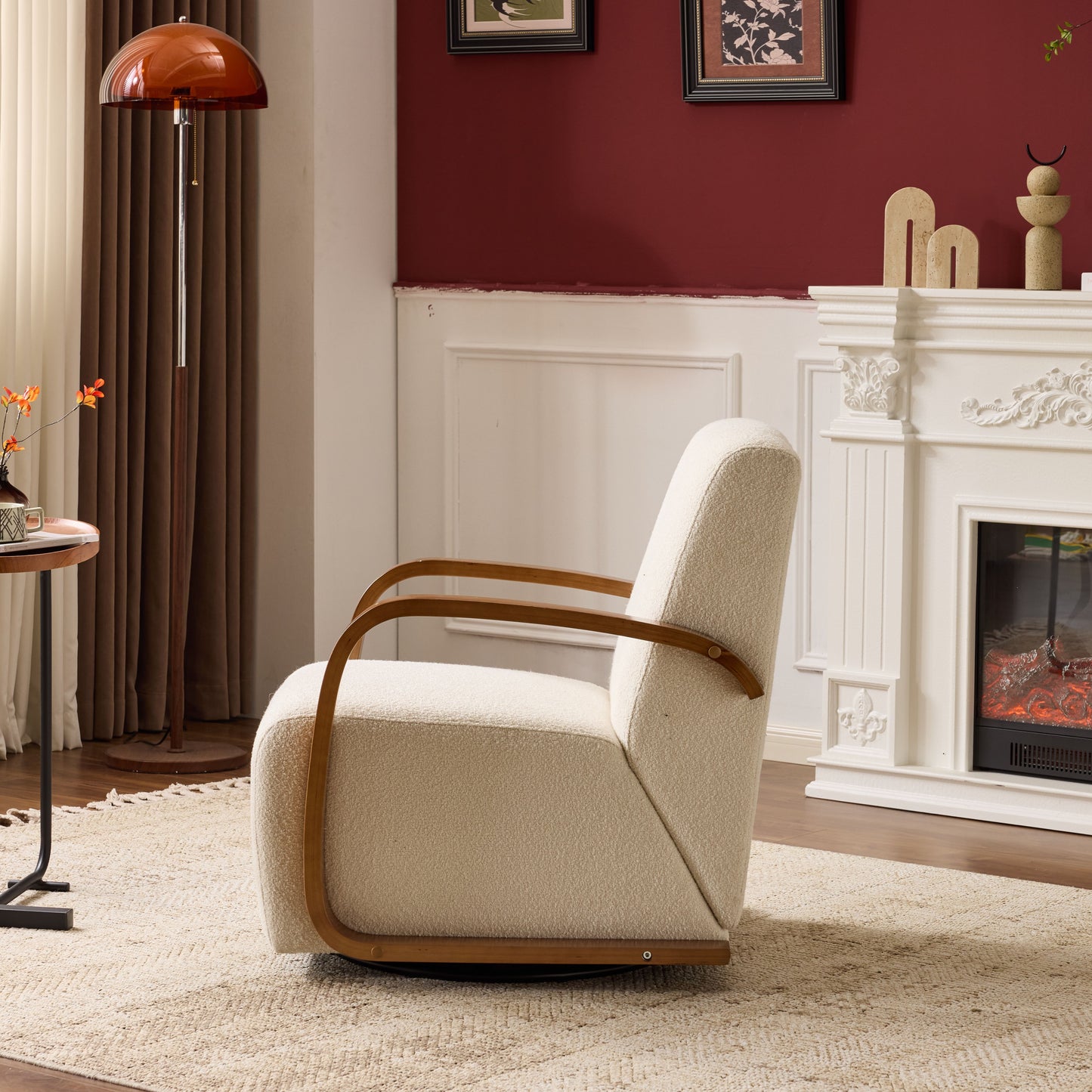 Cream Upholstered 360° Swivel Accent Chair – Solid Wood Curved Arms, Mid-Century Modern Design, Ergonomic Comfort for Living Room, Bedroom Reading Nook Small Single Sofa for Bedroom, Office, Apartment image 5
