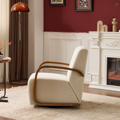 Cream Upholstered 360° Swivel Accent Chair – Solid Wood Curved Arms, Mid-Century Modern Design, Ergonomic Comfort for Living Room, Bedroom Reading Nook Small Single Sofa for Bedroom, Office, Apartment image 5