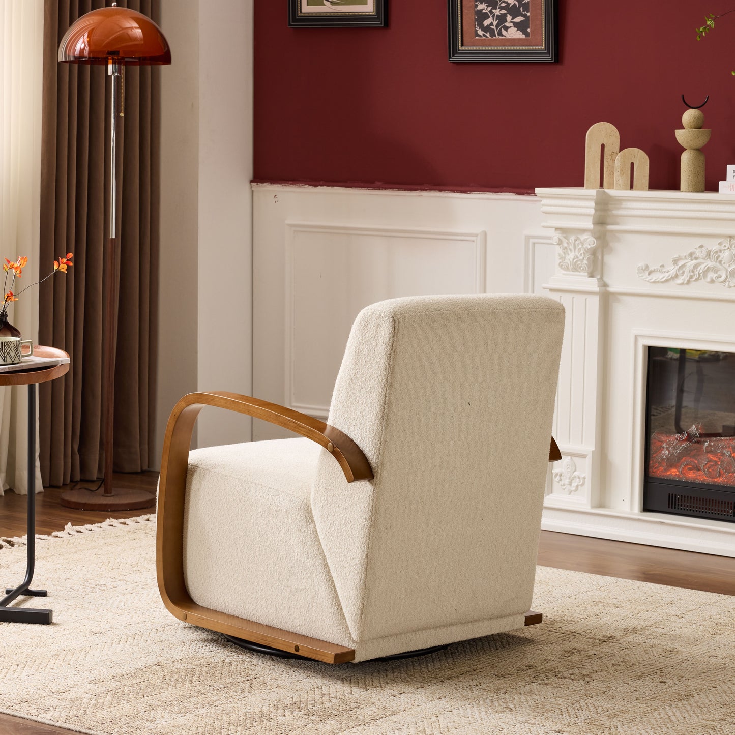 Cream Upholstered 360° Swivel Accent Chair – Solid Wood Curved Arms, Mid-Century Modern Design, Ergonomic Comfort for Living Room, Bedroom Reading Nook Small Single Sofa for Bedroom, Office, Apartment image 6