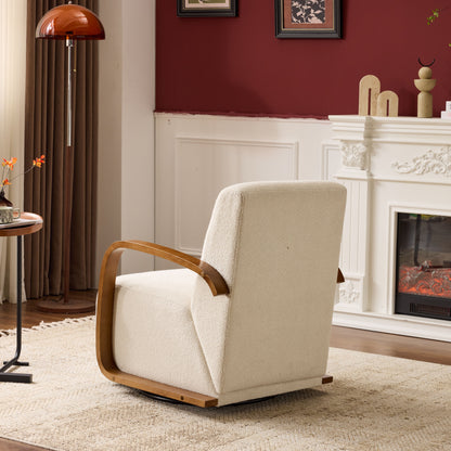 Cream Upholstered 360° Swivel Accent Chair – Solid Wood Curved Arms, Mid-Century Modern Design, Ergonomic Comfort for Living Room, Bedroom Reading Nook Small Single Sofa for Bedroom, Office, Apartment image 6