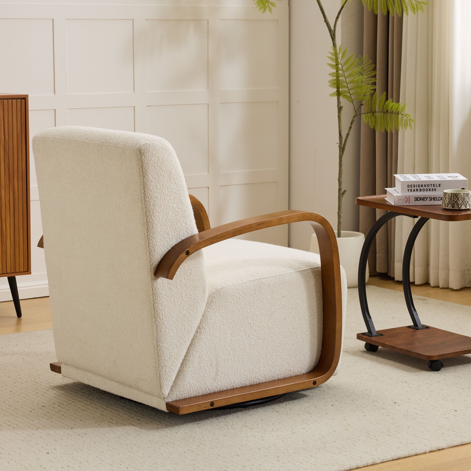 Cream Upholstered 360° Swivel Accent Chair – Solid Wood Curved Arms, Mid-Century Modern Design, Ergonomic Comfort for Living Room, Bedroom Reading Nook Small Single Sofa for Bedroom, Office, Apartment image 7