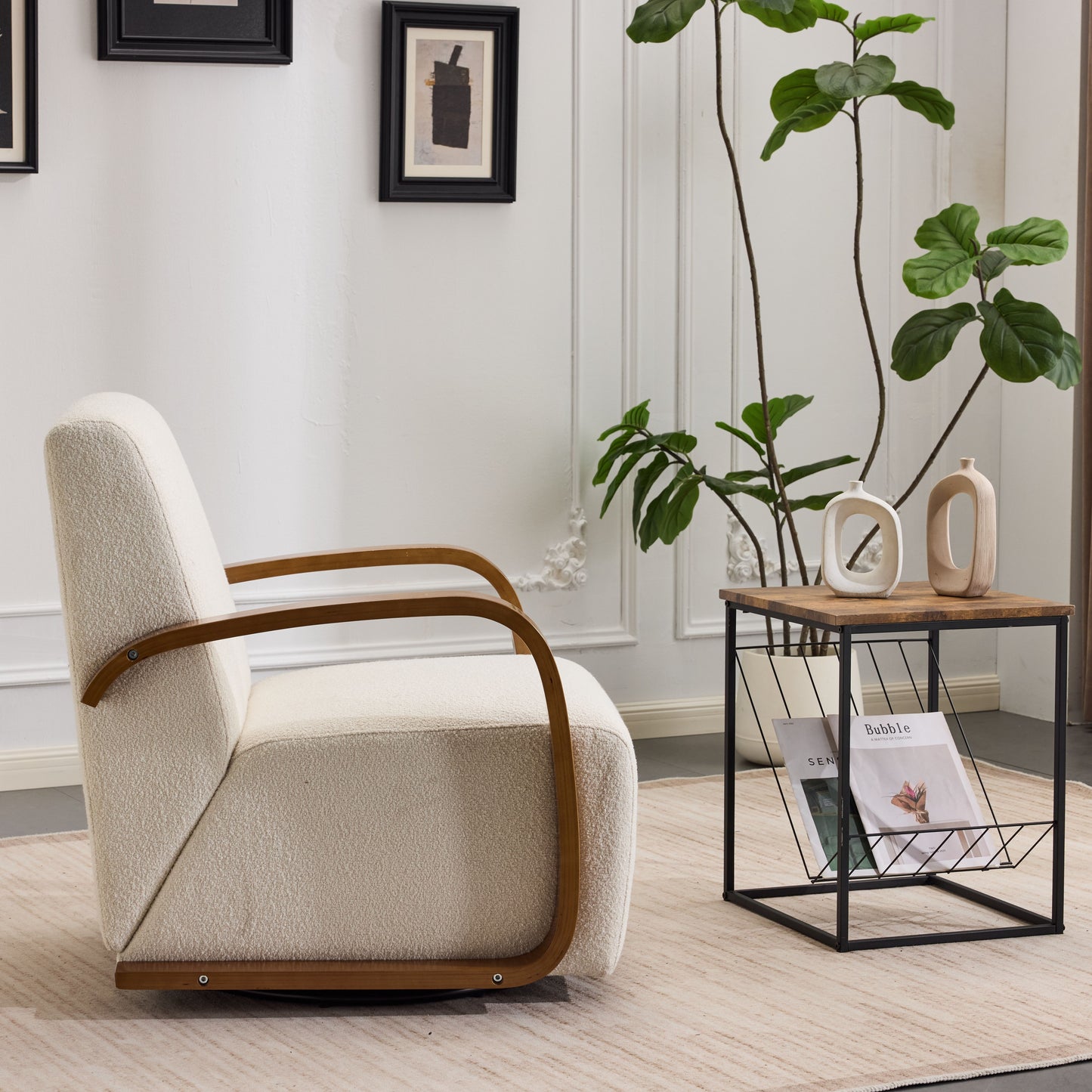 Cream Upholstered 360° Swivel Accent Chair – Solid Wood Curved Arms, Mid-Century Modern Design, Ergonomic Comfort for Living Room, Bedroom Reading Nook Small Single Sofa for Bedroom, Office, Apartment image 8