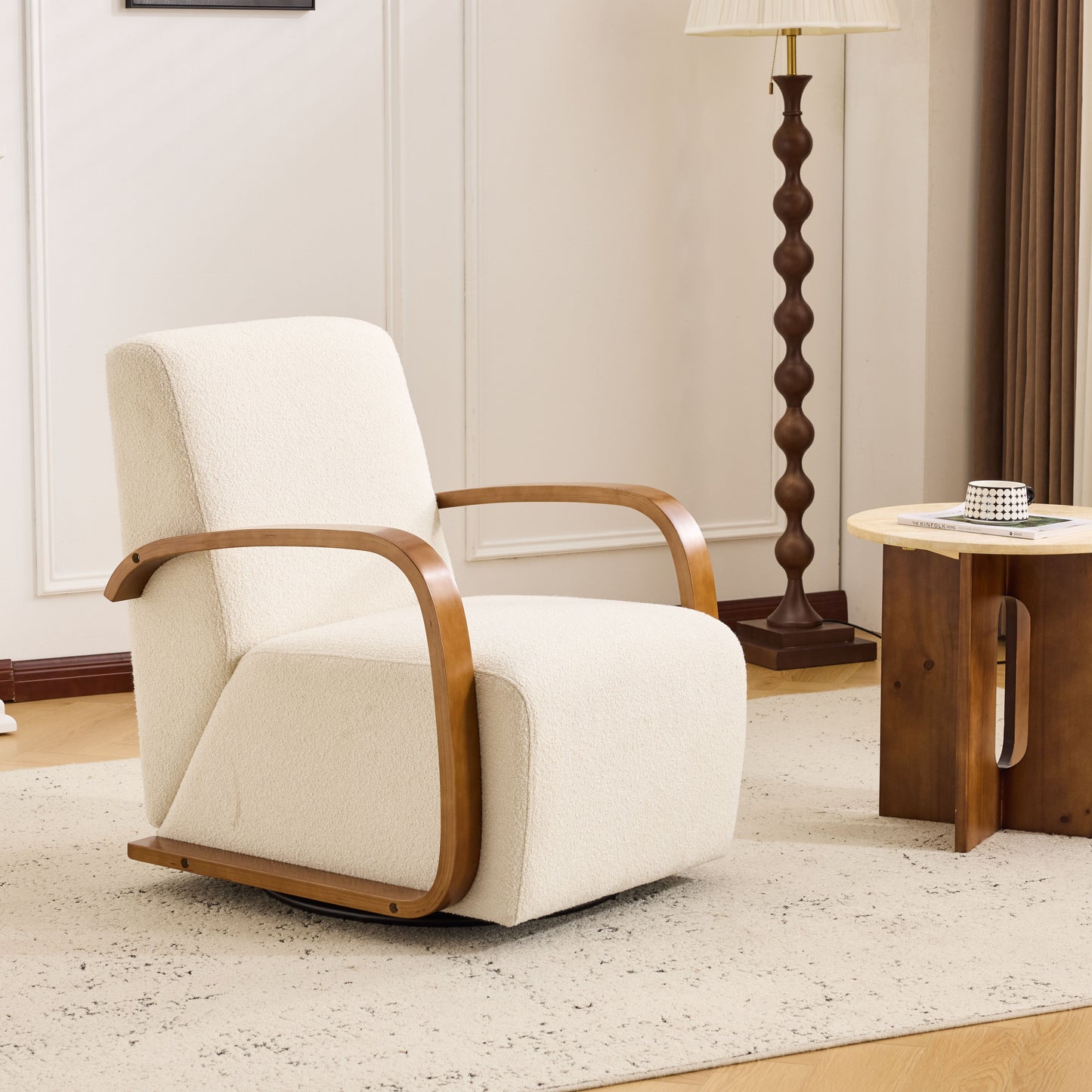 Cream Upholstered 360° Swivel Accent Chair – Solid Wood Curved Arms, Mid-Century Modern Design, Ergonomic Comfort for Living Room, Bedroom Reading Nook Small Single Sofa for Bedroom, Office, Apartment image 9