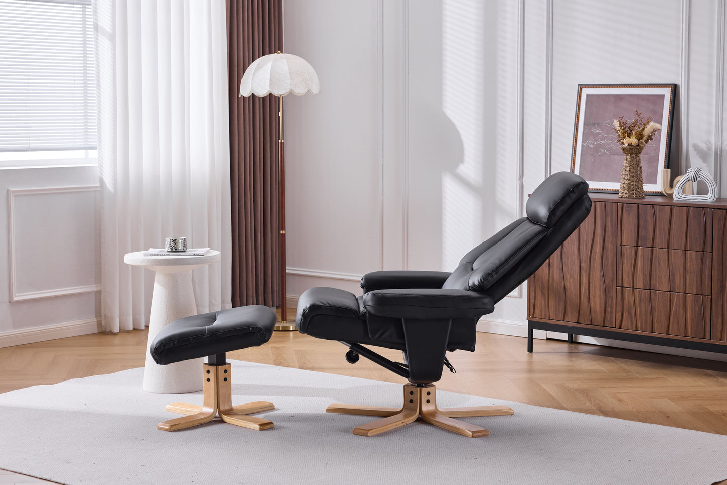 Black PU Leather Heated Massage 360° Swivel Accent Chair, Chair with ottoman, Ergonomic Comfort for Living Room, Bedroom Reading Nook Small Single Sofa for Bedroom, Office, Apartment image 3