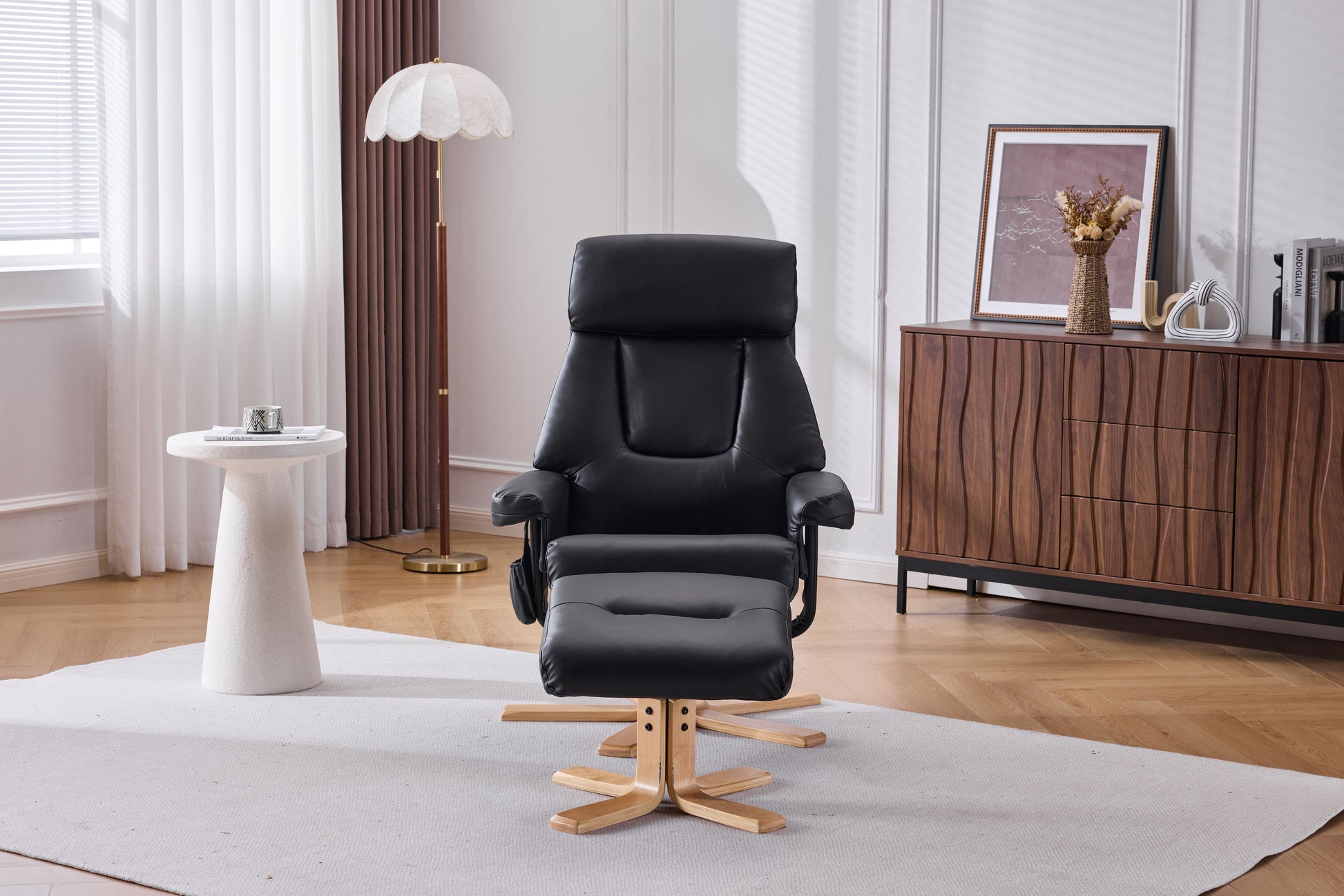 Black PU Leather Heated Massage 360° Swivel Accent Chair, Chair with ottoman, Ergonomic Comfort for Living Room, Bedroom Reading Nook Small Single Sofa for Bedroom, Office, Apartment image 5